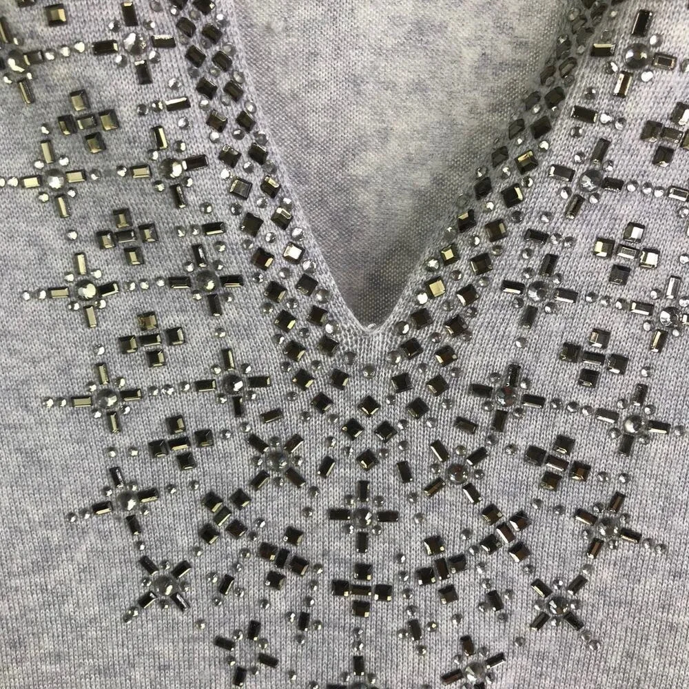 Tory Burch Sweater Womens XS Grey Embellished Split Neck Tunic Crystal Stud Knit
